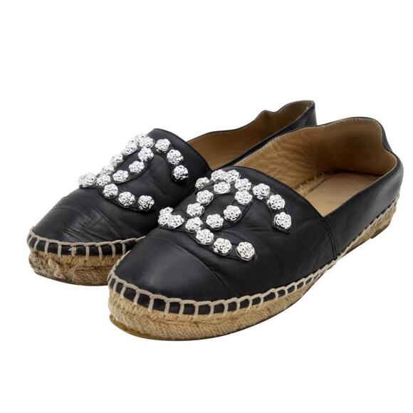Chanel Espadrilles 36 Lambskin Leather Studded Cc Camellia Flats CC-S0207P-C031 - Picture 4 of 11